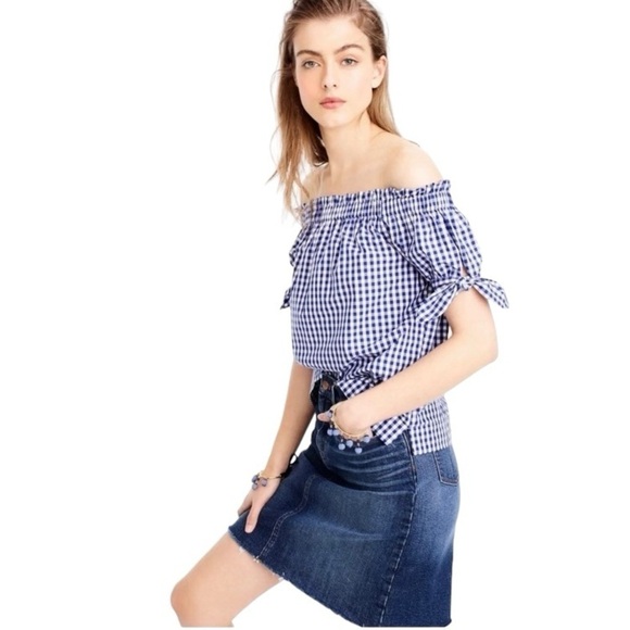J. Crew Blue White Gingham Checkered Off The Shoulder Top Cottagecore Size 2 - Picture 1 of 16